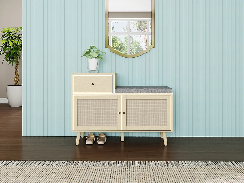 Banc à chaussures bohème en bois naturel, portes en rotin tressé, tiroir et assise rembourrée. Idéal pour entrée ou couloir, 90×35×65 cm