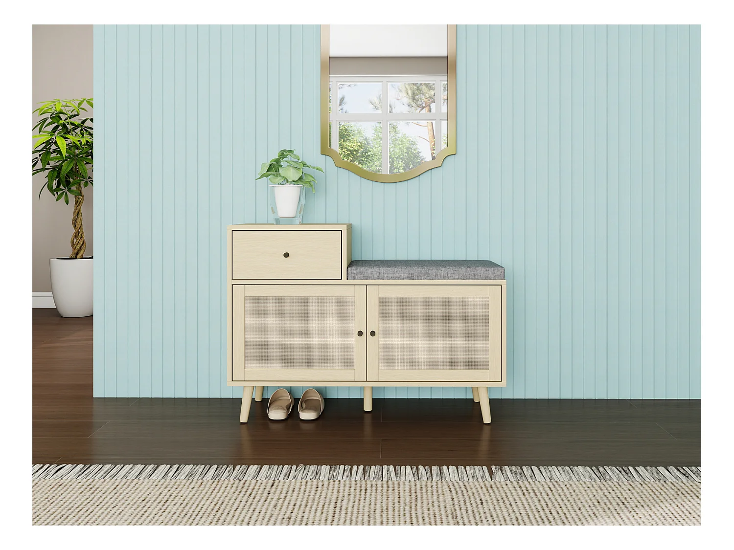 Panca portascarpe in stile bohémien in legno naturale, ante in rattan intrecciato, cassetto e seduta imbottita. Ideale per ingresso o corridoio, 90×35×65 cm.