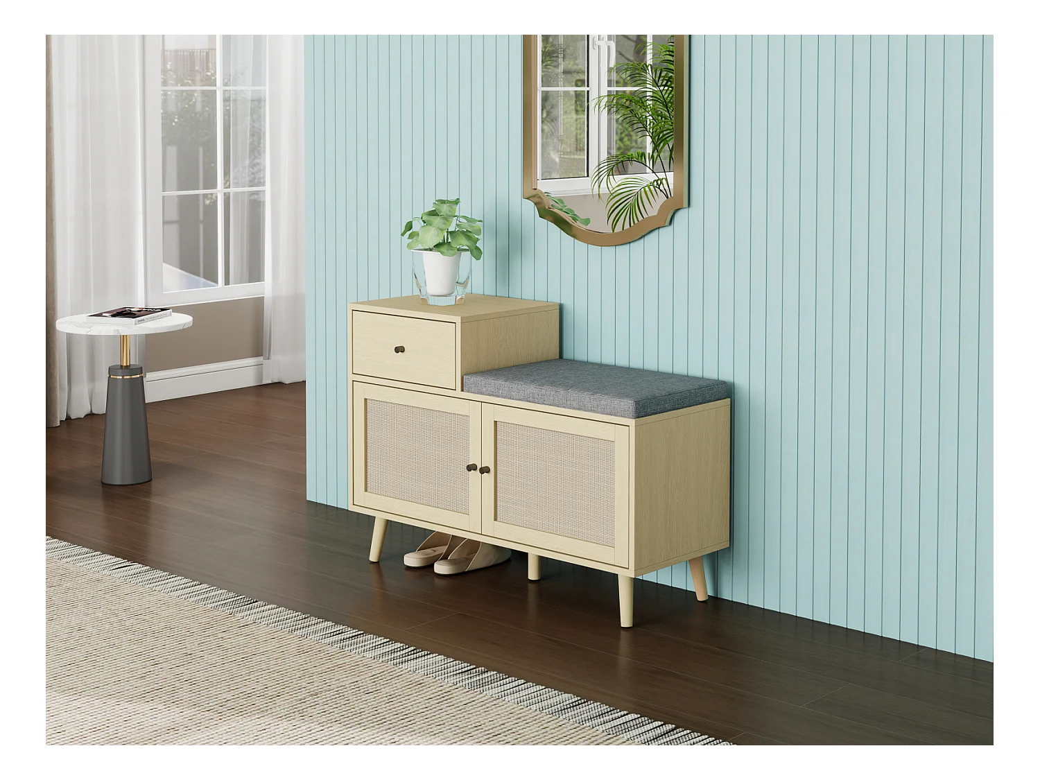 Panca portascarpe in stile bohémien in legno naturale, ante in rattan intrecciato, cassetto e seduta imbottita. Ideale per ingresso o corridoio, 90×35×65 cm.