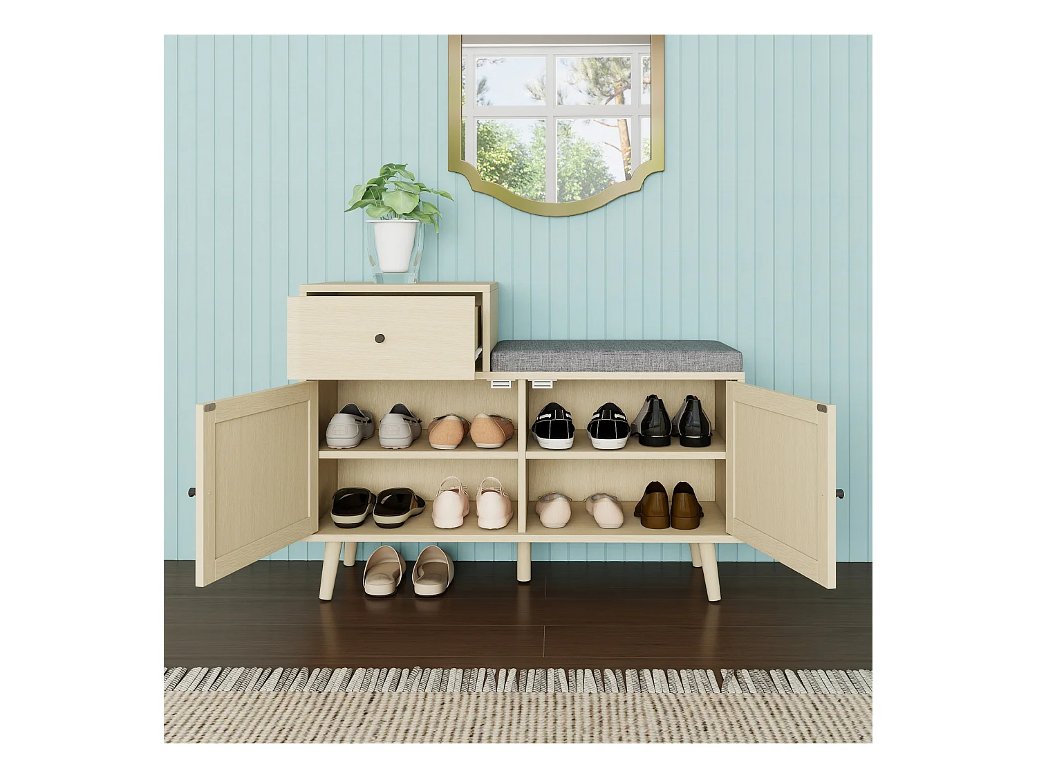 Panca portascarpe in stile bohémien in legno naturale, ante in rattan intrecciato, cassetto e seduta imbottita. Ideale per ingresso o corridoio, 90×35×65 cm.