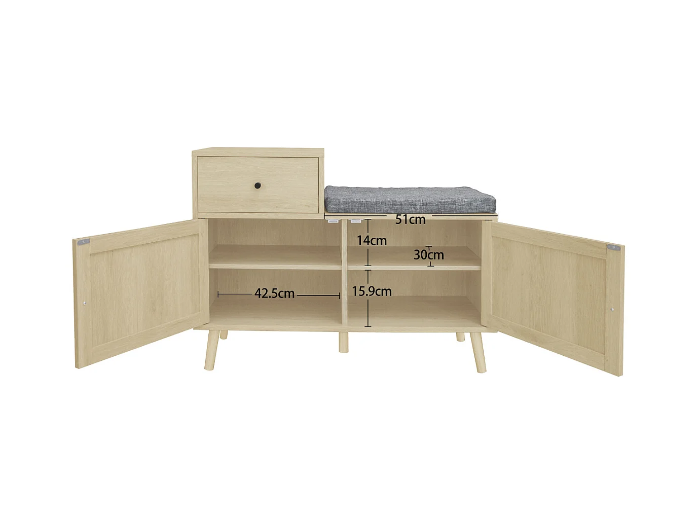 Panca portascarpe in stile bohémien in legno naturale, ante in rattan intrecciato, cassetto e seduta imbottita. Ideale per ingresso o corridoio, 90×35×65 cm.
