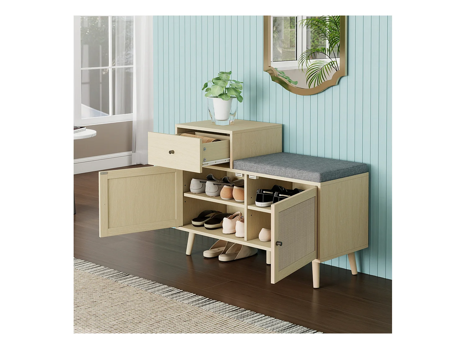 Panca portascarpe in stile bohémien in legno naturale, ante in rattan intrecciato, cassetto e seduta imbottita. Ideale per ingresso o corridoio, 90×35×65 cm.