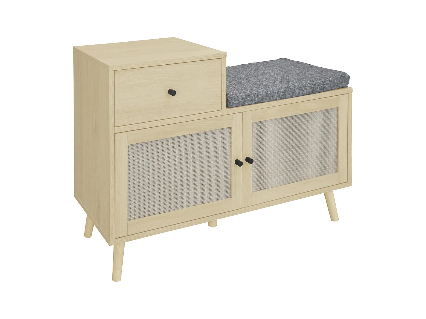 Panca portascarpe in stile bohémien in legno naturale, ante in rattan intrecciato, cassetto e seduta imbottita. Ideale per ingresso o corridoio, 90×35×65 cm.