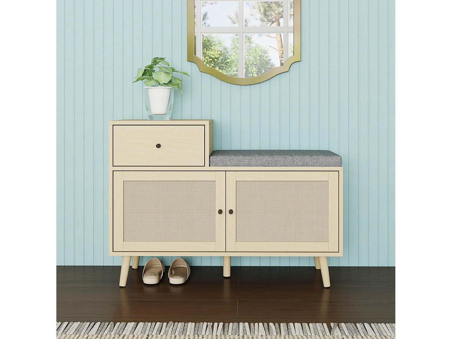 Banc à chaussures bohème en bois naturel, portes en rotin tressé, tiroir et assise rembourrée. Idéal pour entrée ou couloir, 90×35×65 cm