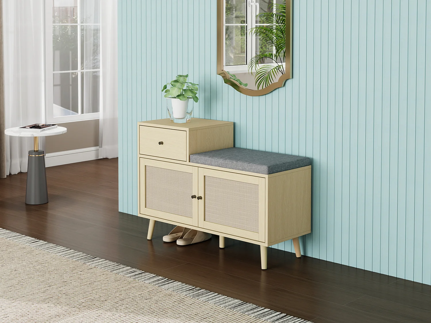 Banc à chaussures bohème en bois naturel, portes en rotin tressé, tiroir et assise rembourrée. Idéal pour entrée ou couloir, 90×35×65 cm