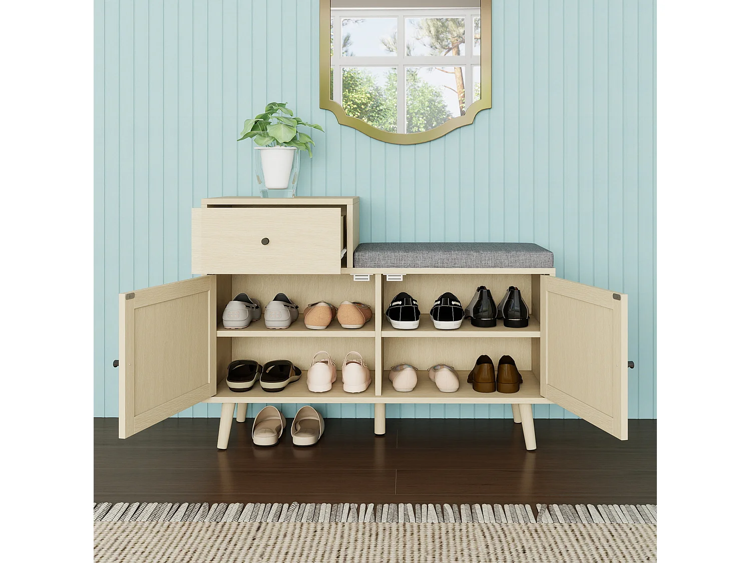 Banc à chaussures bohème en bois naturel, portes en rotin tressé, tiroir et assise rembourrée. Idéal pour entrée ou couloir, 90×35×65 cm