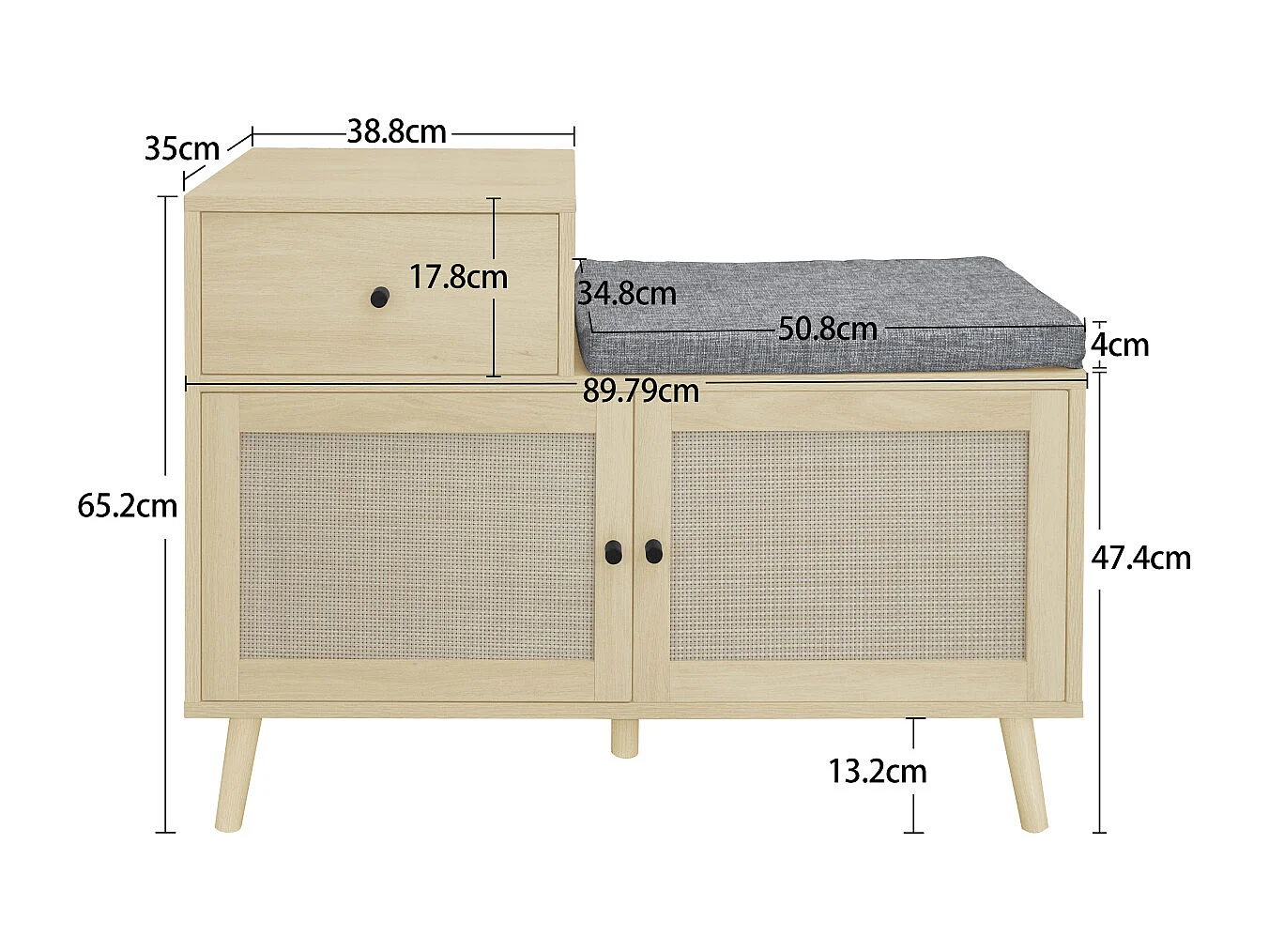 Banc à chaussures bohème en bois naturel, portes en rotin tressé, tiroir et assise rembourrée. Idéal pour entrée ou couloir, 90×35×65 cm