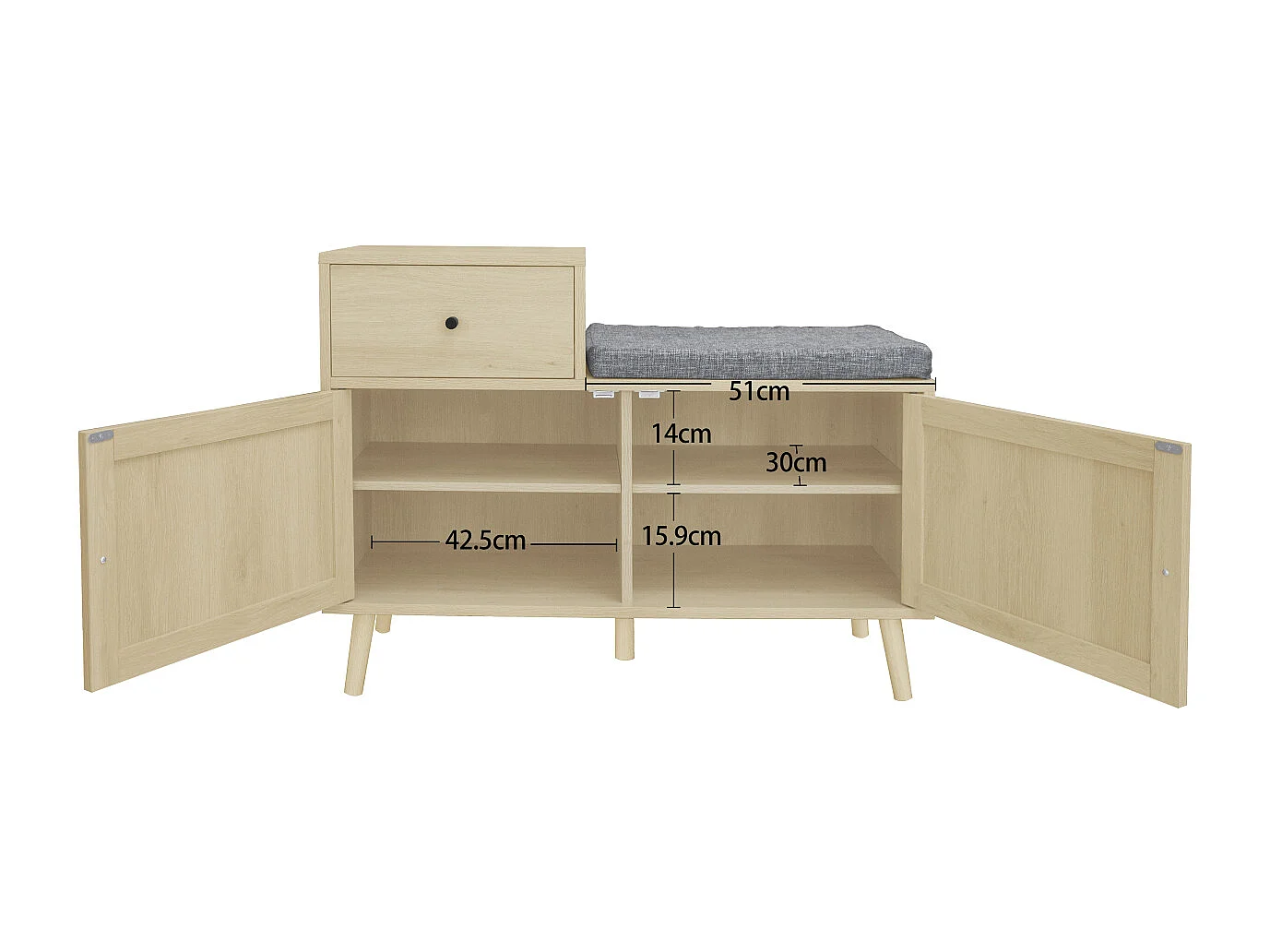 Banc à chaussures bohème en bois naturel, portes en rotin tressé, tiroir et assise rembourrée. Idéal pour entrée ou couloir, 90×35×65 cm