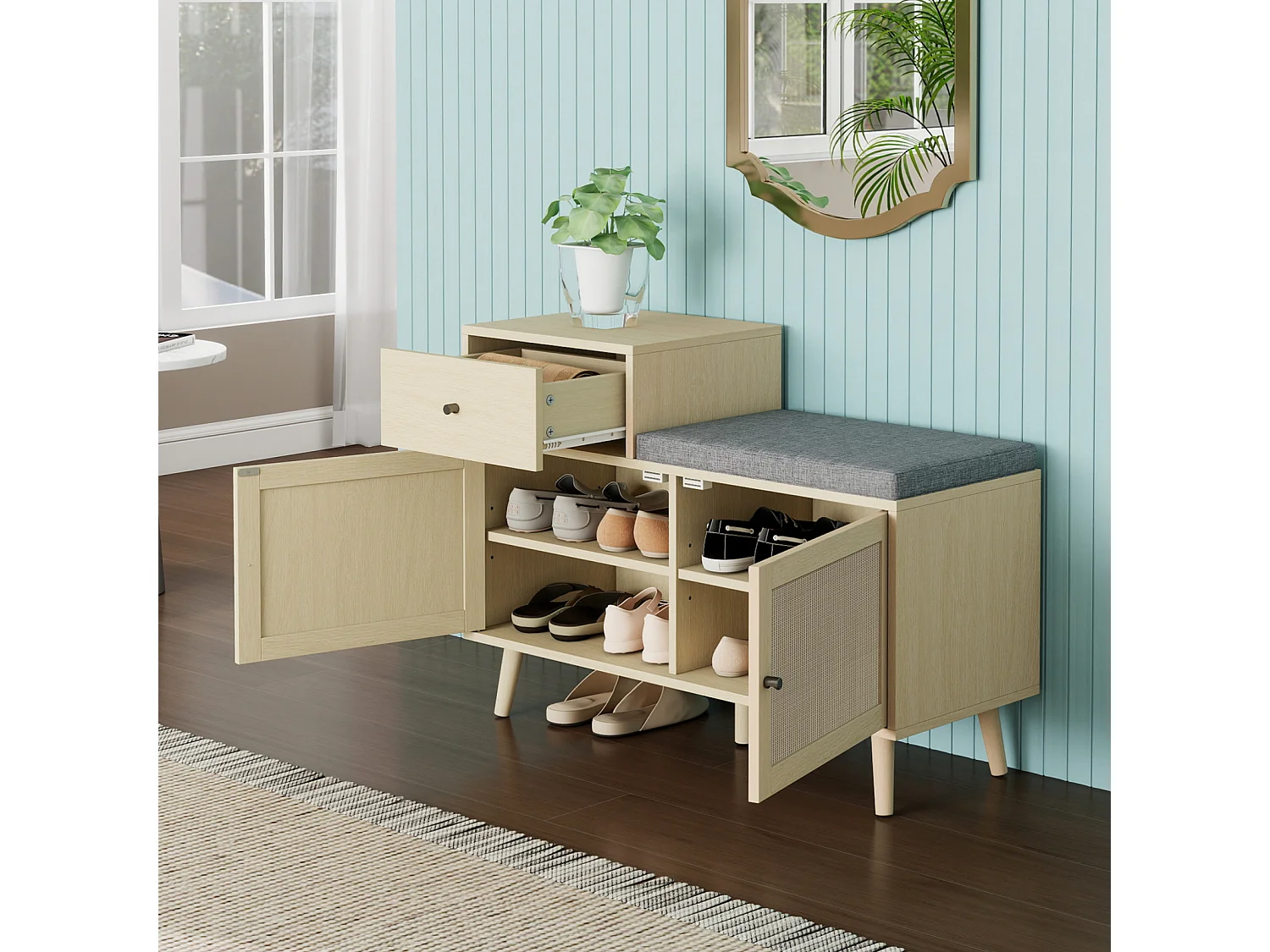 Banc à chaussures bohème en bois naturel, portes en rotin tressé, tiroir et assise rembourrée. Idéal pour entrée ou couloir, 90×35×65 cm