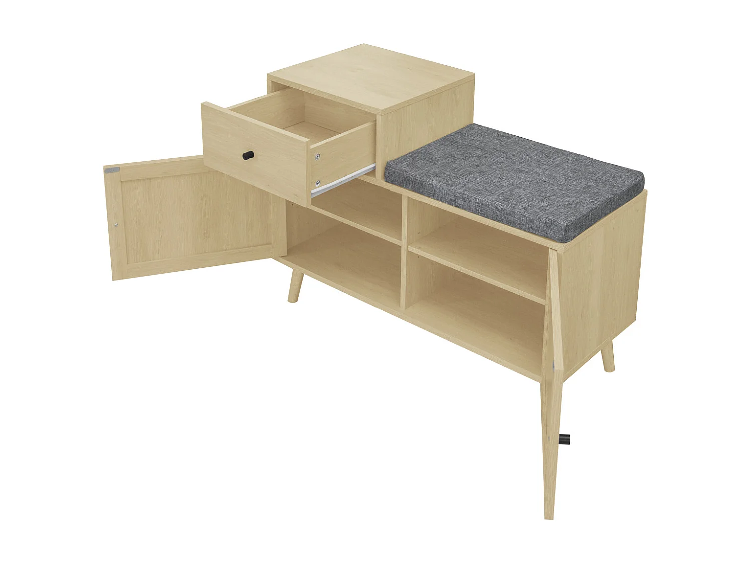 Banc à chaussures bohème en bois naturel, portes en rotin tressé, tiroir et assise rembourrée. Idéal pour entrée ou couloir, 90×35×65 cm