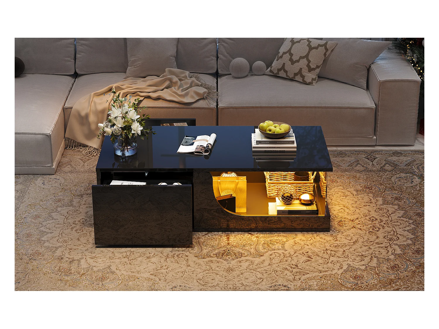 Table basse noire avec 2 tiroirs, éclairage LED, verre trempé 100x50x30cm