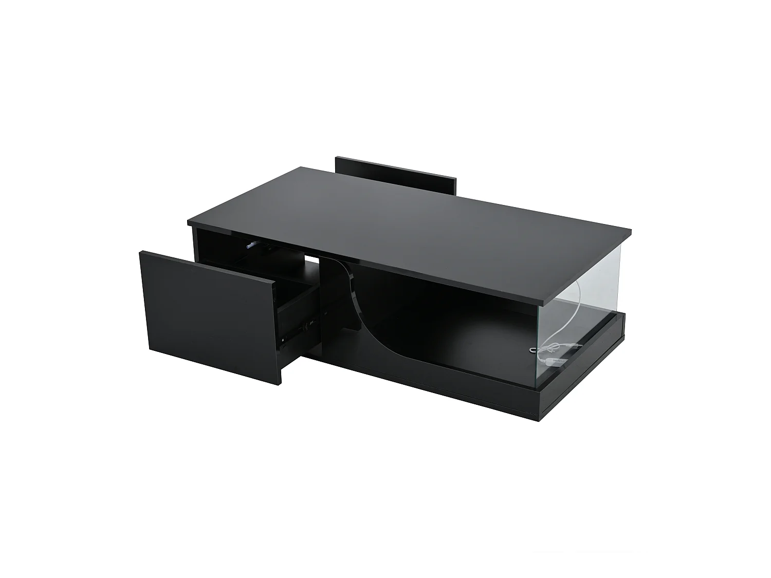 Table basse noire avec 2 tiroirs, éclairage LED, verre trempé 100x50x30cm