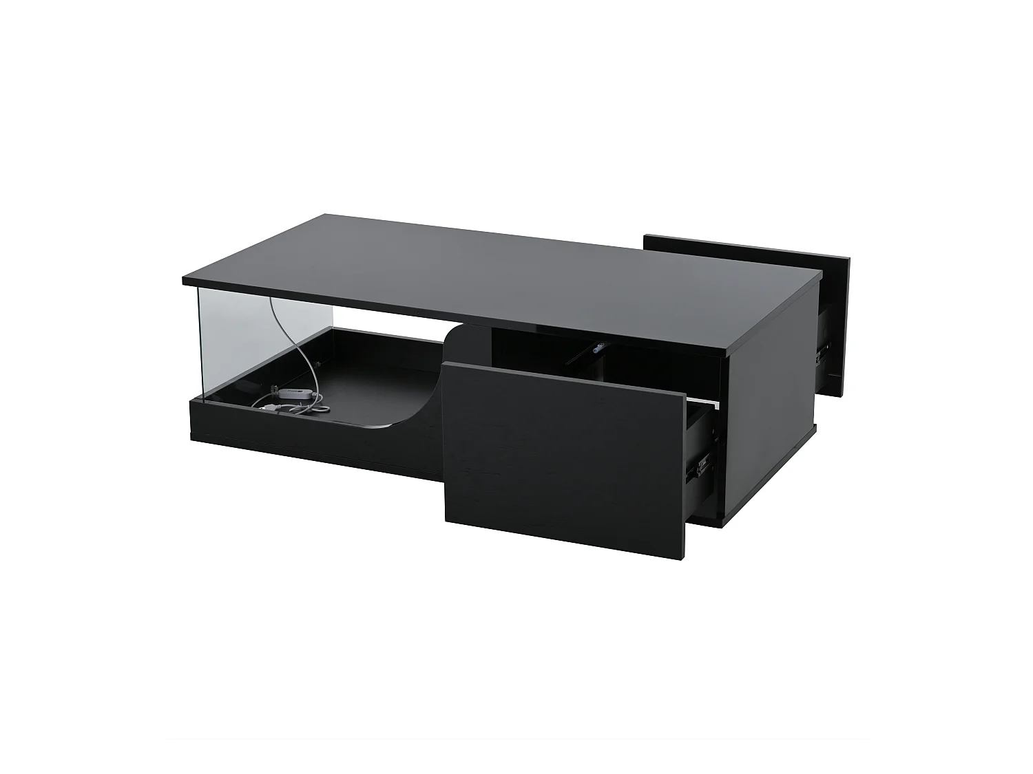 Table basse noire avec 2 tiroirs, éclairage LED, verre trempé 100x50x30cm