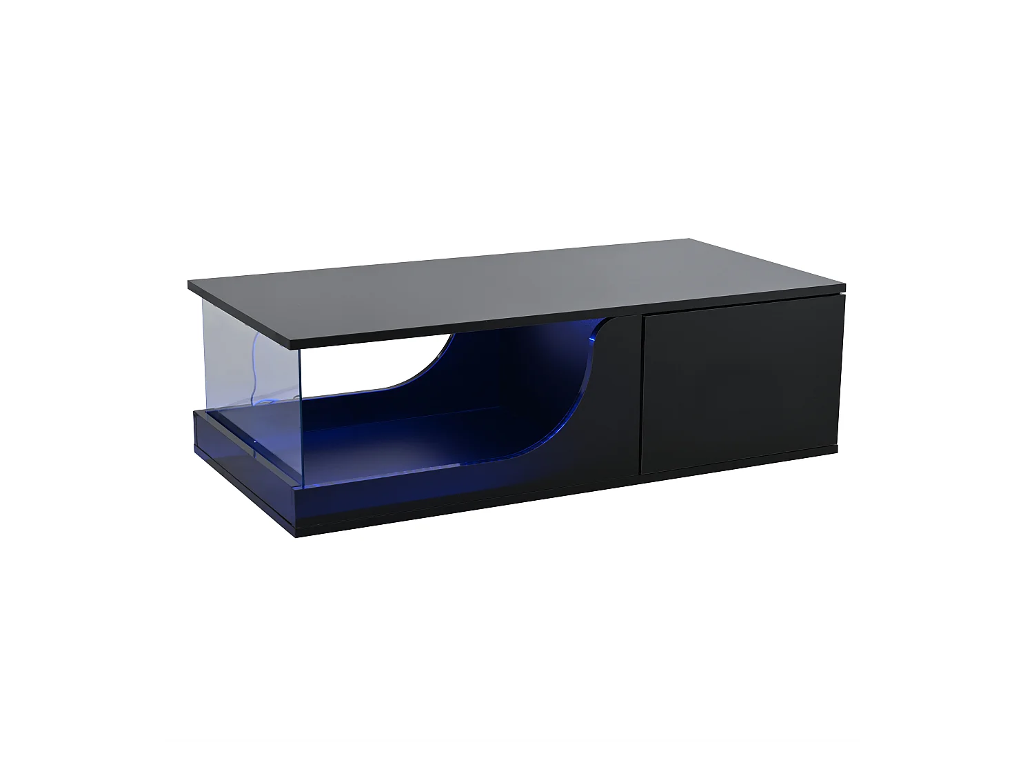 Table basse noire avec 2 tiroirs, éclairage LED, verre trempé 100x50x30cm