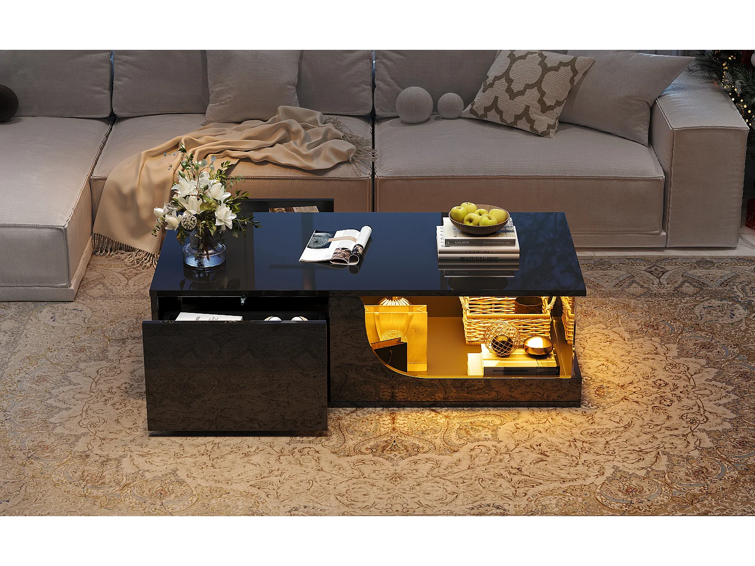 Table basse noire avec 2 tiroirs, éclairage LED, verre trempé 100x50x30cm