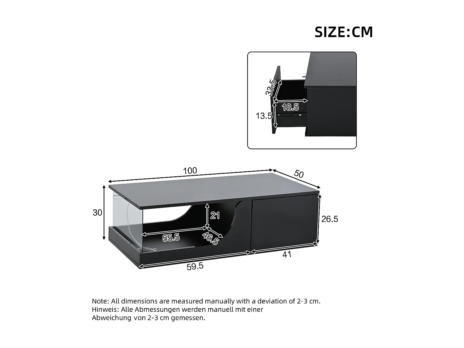 Table basse noire avec 2 tiroirs, éclairage LED, verre trempé 100x50x30cm