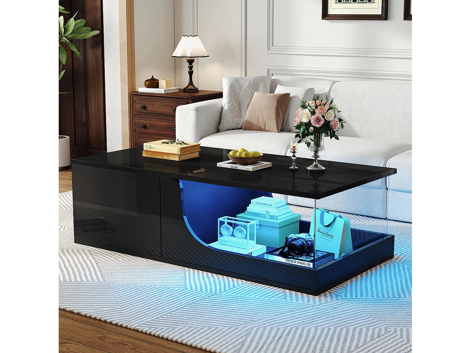 Table basse noire avec 2 tiroirs, éclairage LED, verre trempé 100x50x30cm
