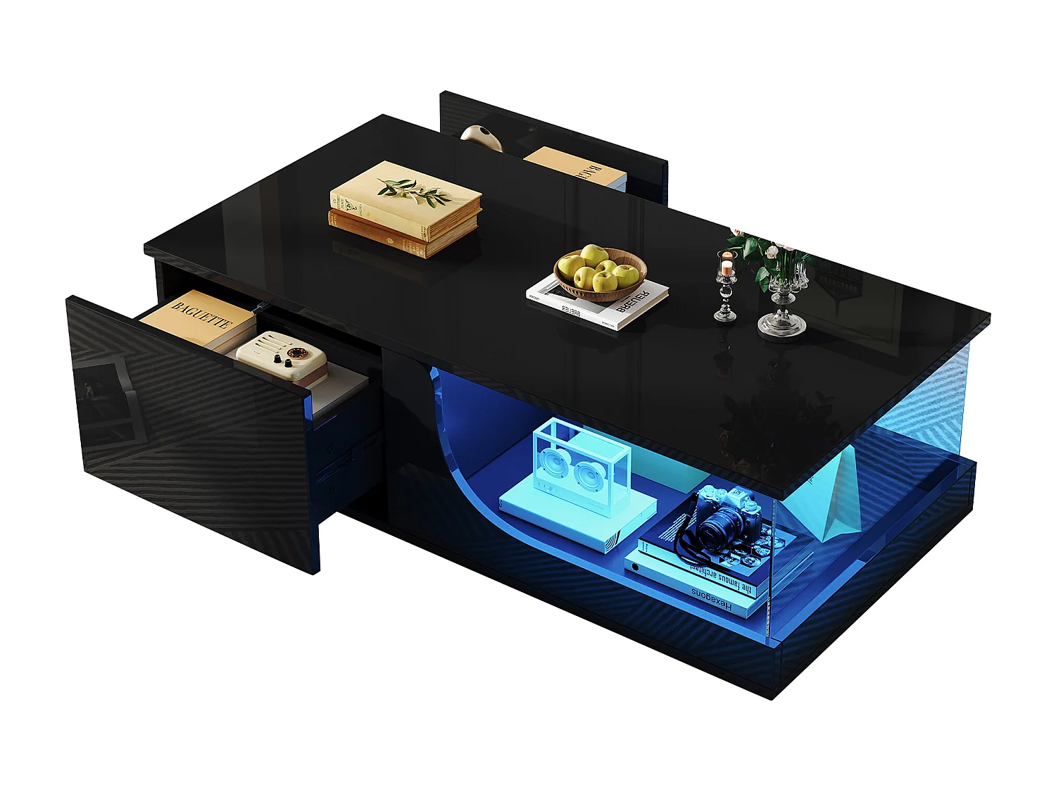 Table basse noire avec 2 tiroirs, éclairage LED, verre trempé 100x50x30cm