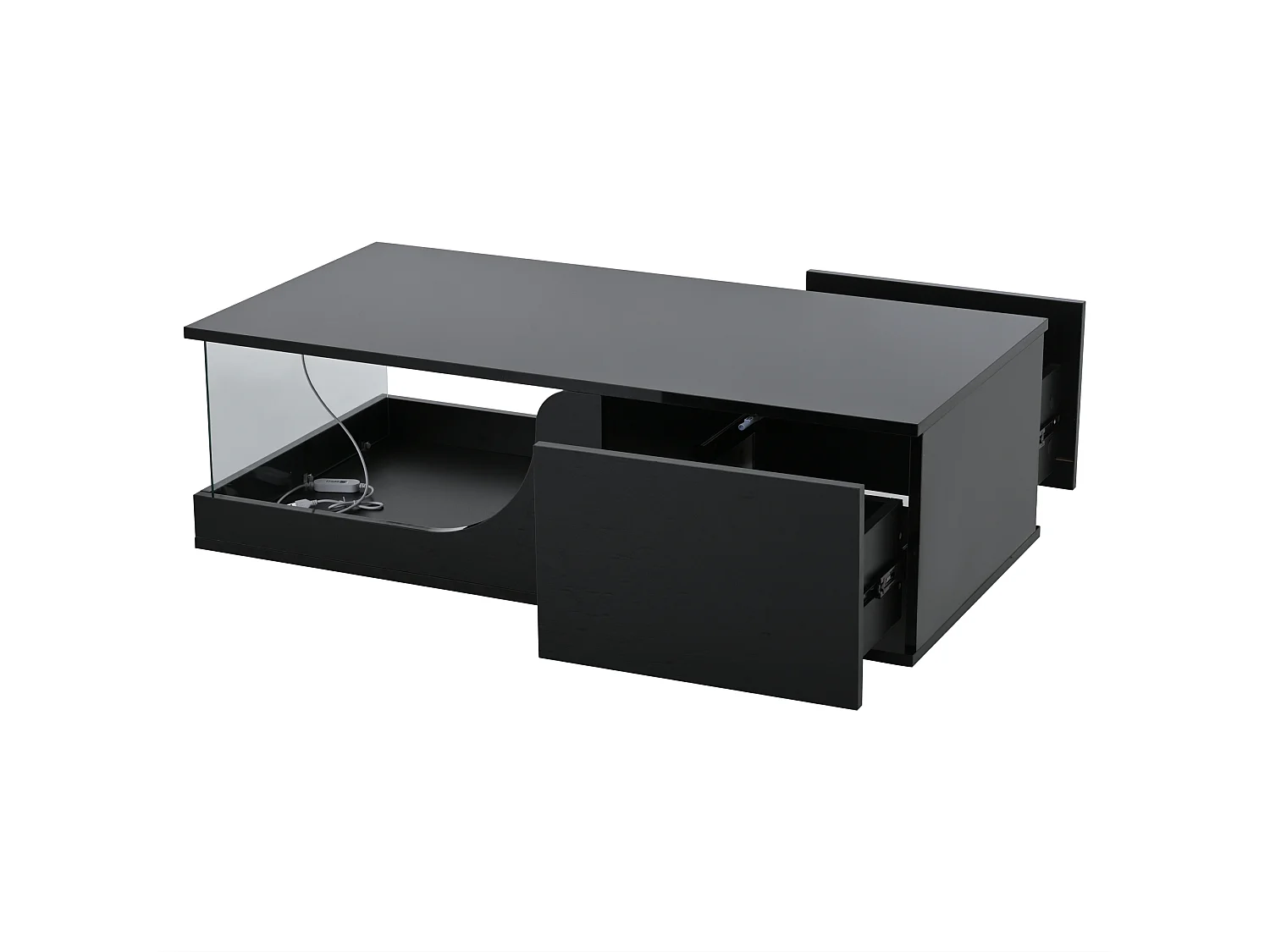 Table basse noire avec 2 tiroirs, éclairage LED, verre trempé 100x50x30cm