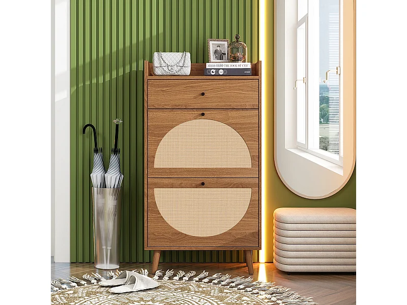 Meuble à chaussures avec deux portes et un tiroir en bois de noyer, aspect rotin, 60 cm, sans panneau arrière, adapté aux couloirs et zones similaires