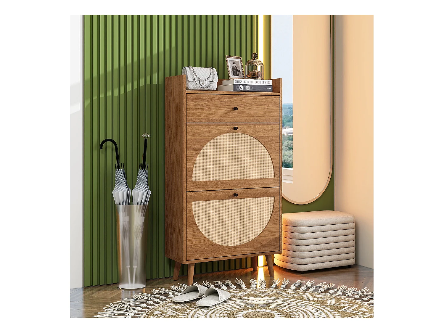 Scarpiera con due ante e un cassetto in legno di noce, effetto rattan, 60 cm, senza pannello posteriore, adatta per corridoi e aree simili