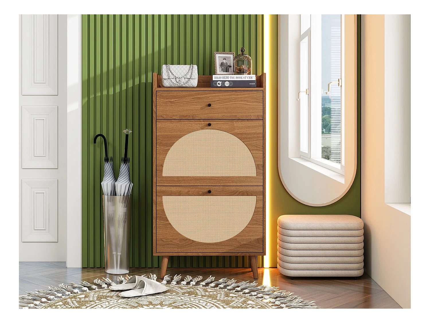 Scarpiera con due ante e un cassetto in legno di noce, effetto rattan, 60 cm, senza pannello posteriore, adatta per corridoi e aree simili