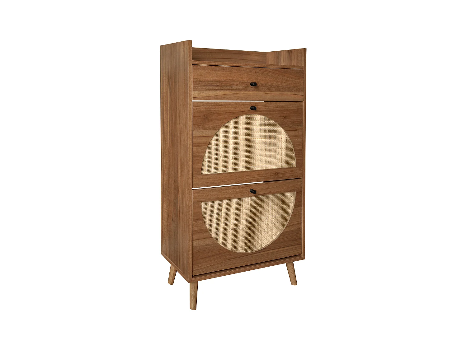 Scarpiera con due ante e un cassetto in legno di noce, effetto rattan, 60 cm, senza pannello posteriore, adatta per corridoi e aree simili