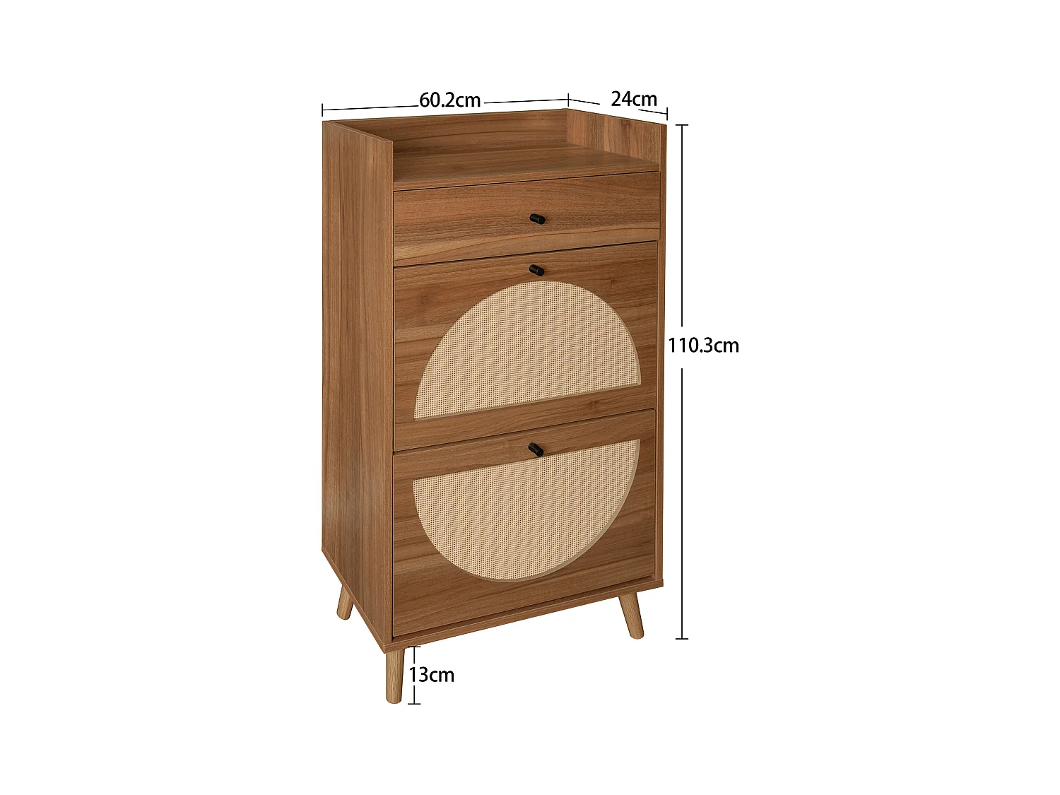 Scarpiera con due ante e un cassetto in legno di noce, effetto rattan, 60 cm, senza pannello posteriore, adatta per corridoi e aree simili