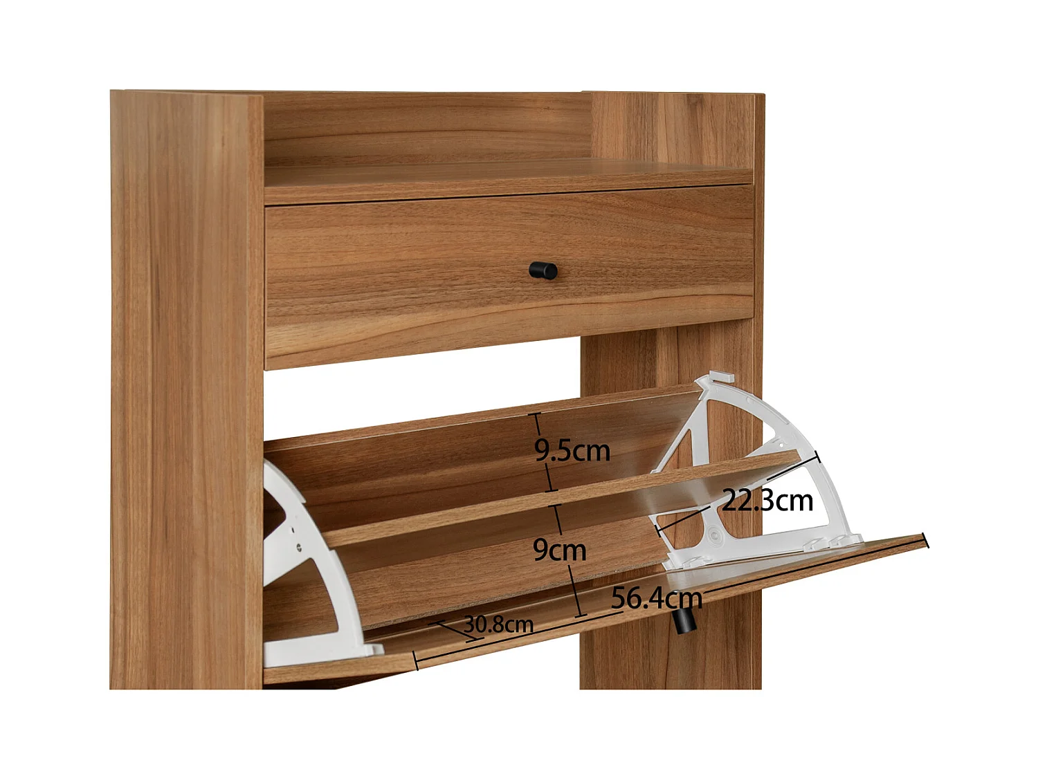 Scarpiera con due ante e un cassetto in legno di noce, effetto rattan, 60 cm, senza pannello posteriore, adatta per corridoi e aree simili