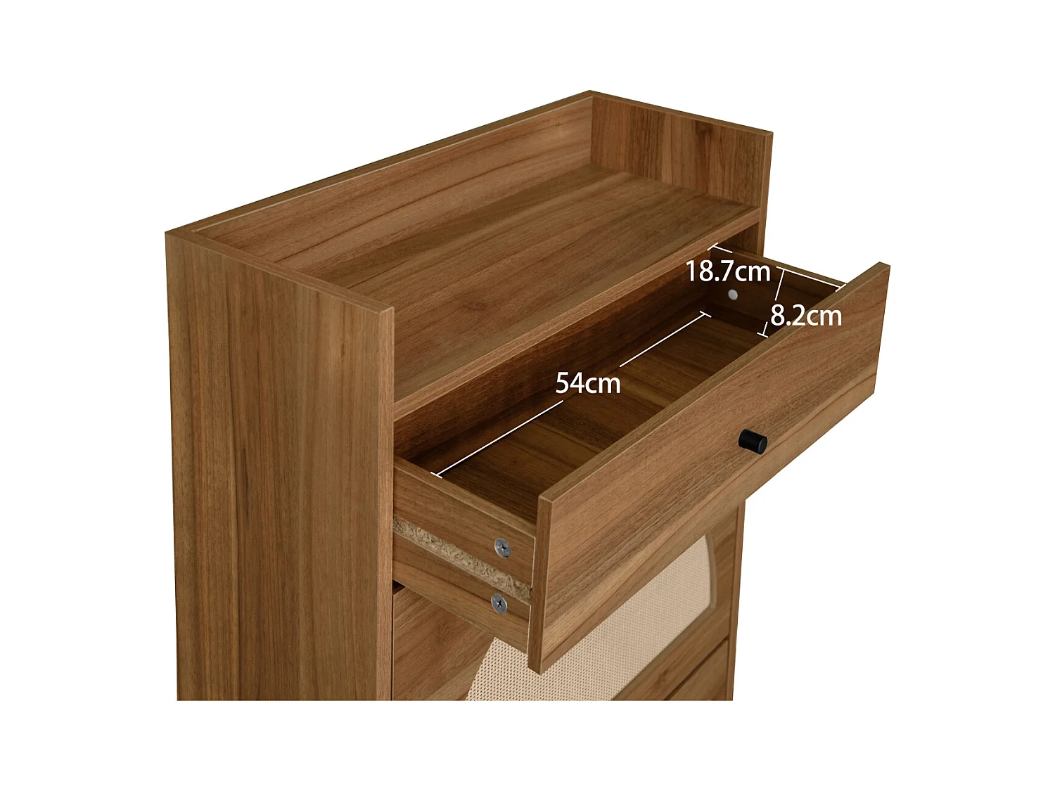 Scarpiera con due ante e un cassetto in legno di noce, effetto rattan, 60 cm, senza pannello posteriore, adatta per corridoi e aree simili