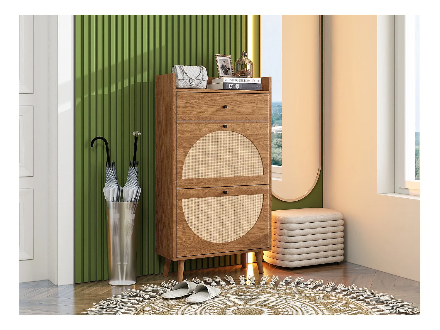 Scarpiera con due ante e un cassetto in legno di noce, effetto rattan, 60 cm, senza pannello posteriore, adatta per corridoi e aree simili