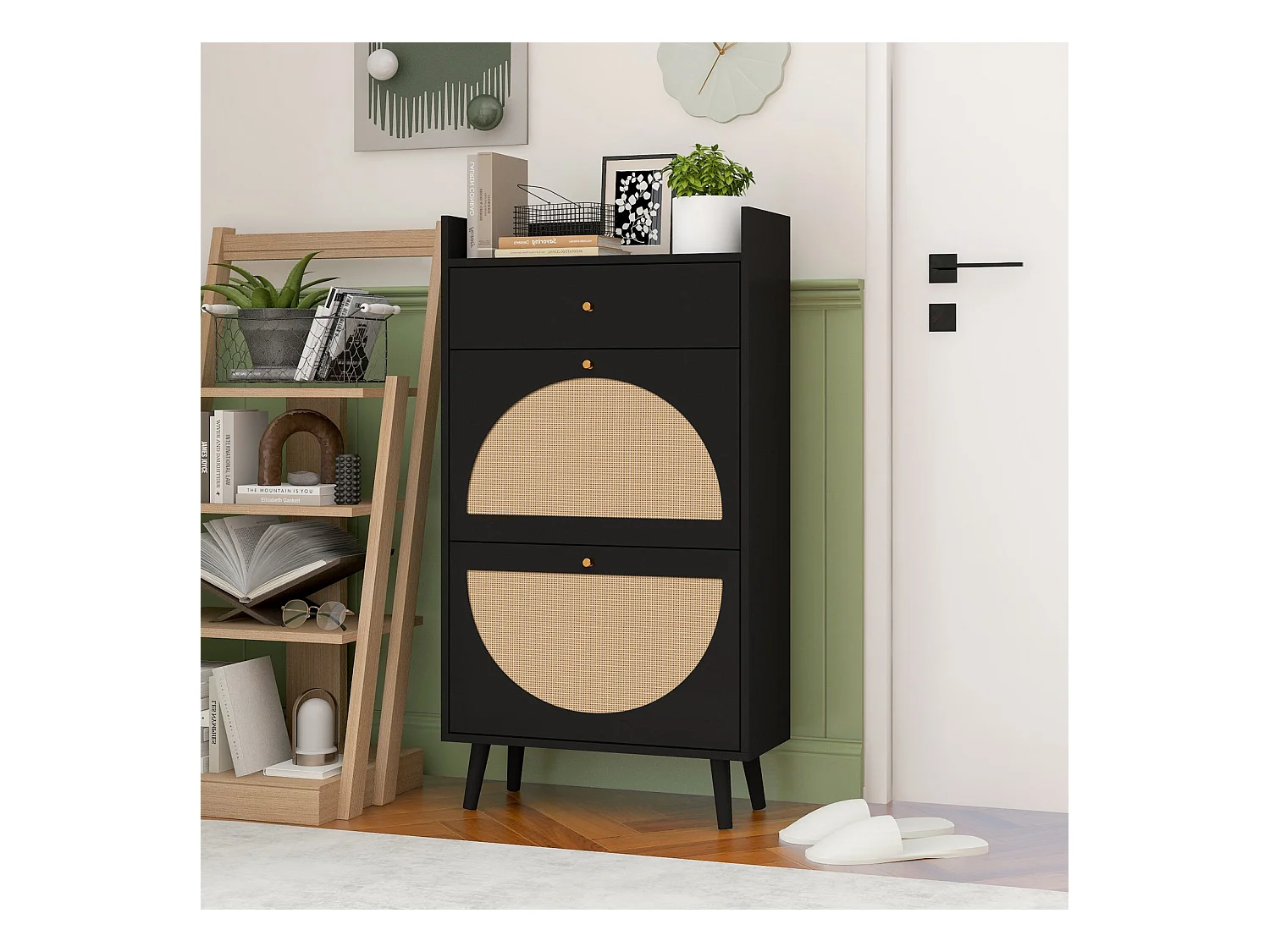 Scarpiera con due ante e un cassetto in nero, effetto rattan, 60 cm, senza pannello posteriore, adatta per corridoi e aree simili