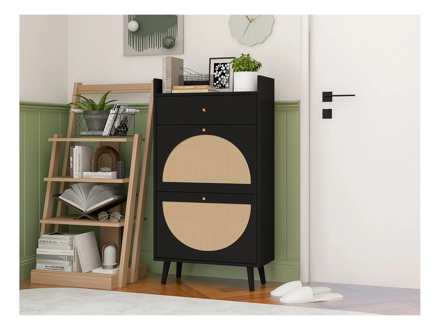 Scarpiera con due ante e un cassetto in nero, effetto rattan, 60 cm, senza pannello posteriore, adatta per corridoi e aree simili