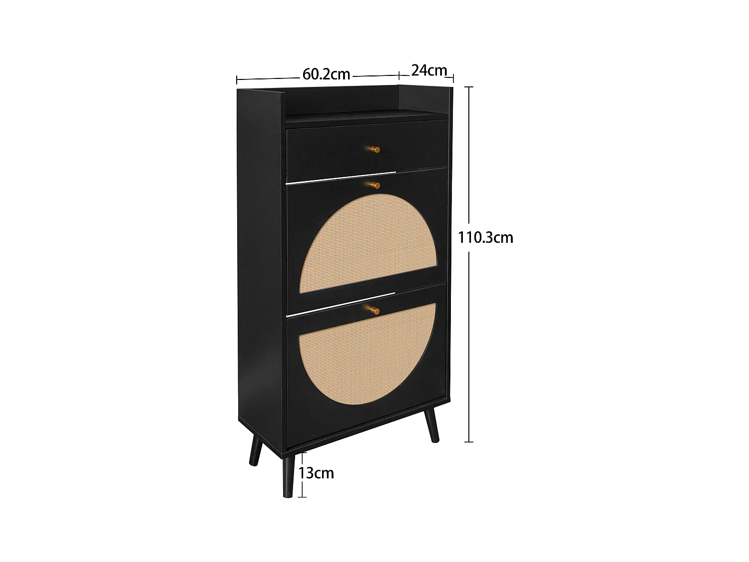 Scarpiera con due ante e un cassetto in nero, effetto rattan, 60 cm, senza pannello posteriore, adatta per corridoi e aree simili