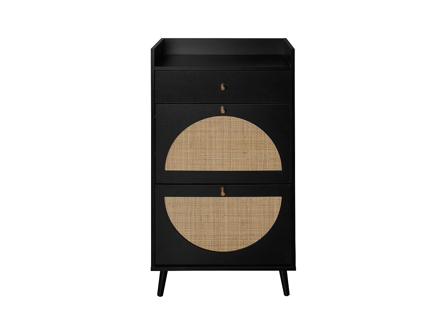 Scarpiera con due ante e un cassetto in nero, effetto rattan, 60 cm, senza pannello posteriore, adatta per corridoi e aree simili