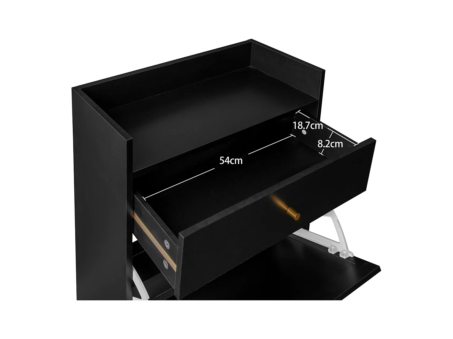 Scarpiera con due ante e un cassetto in nero, effetto rattan, 60 cm, senza pannello posteriore, adatta per corridoi e aree simili