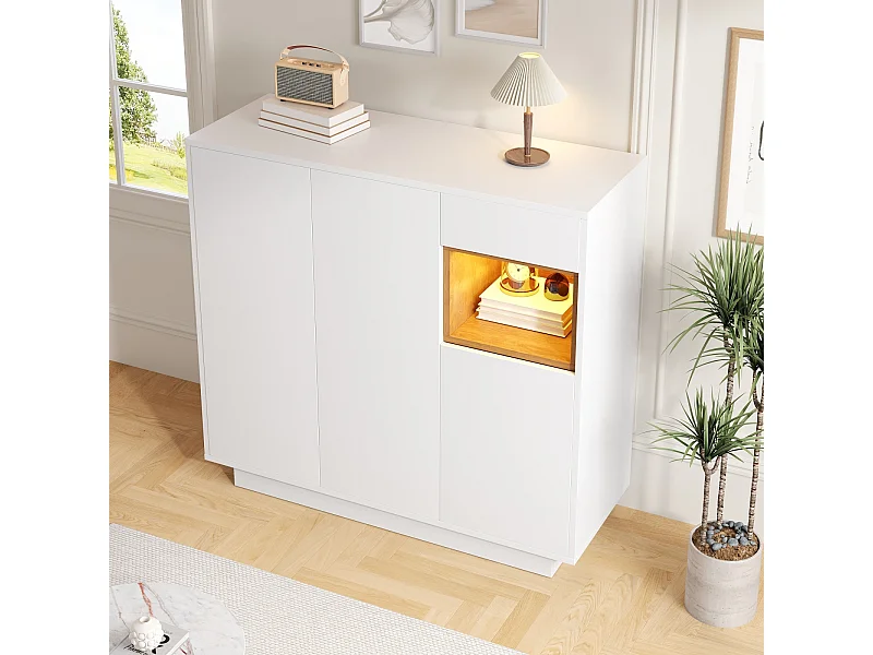 Sapateira com uma gaveta e prateleiras reguláveis, branca e madeira natural, para entrada, estilo moderno, capacidade de 14 a 18 pares de sapatos