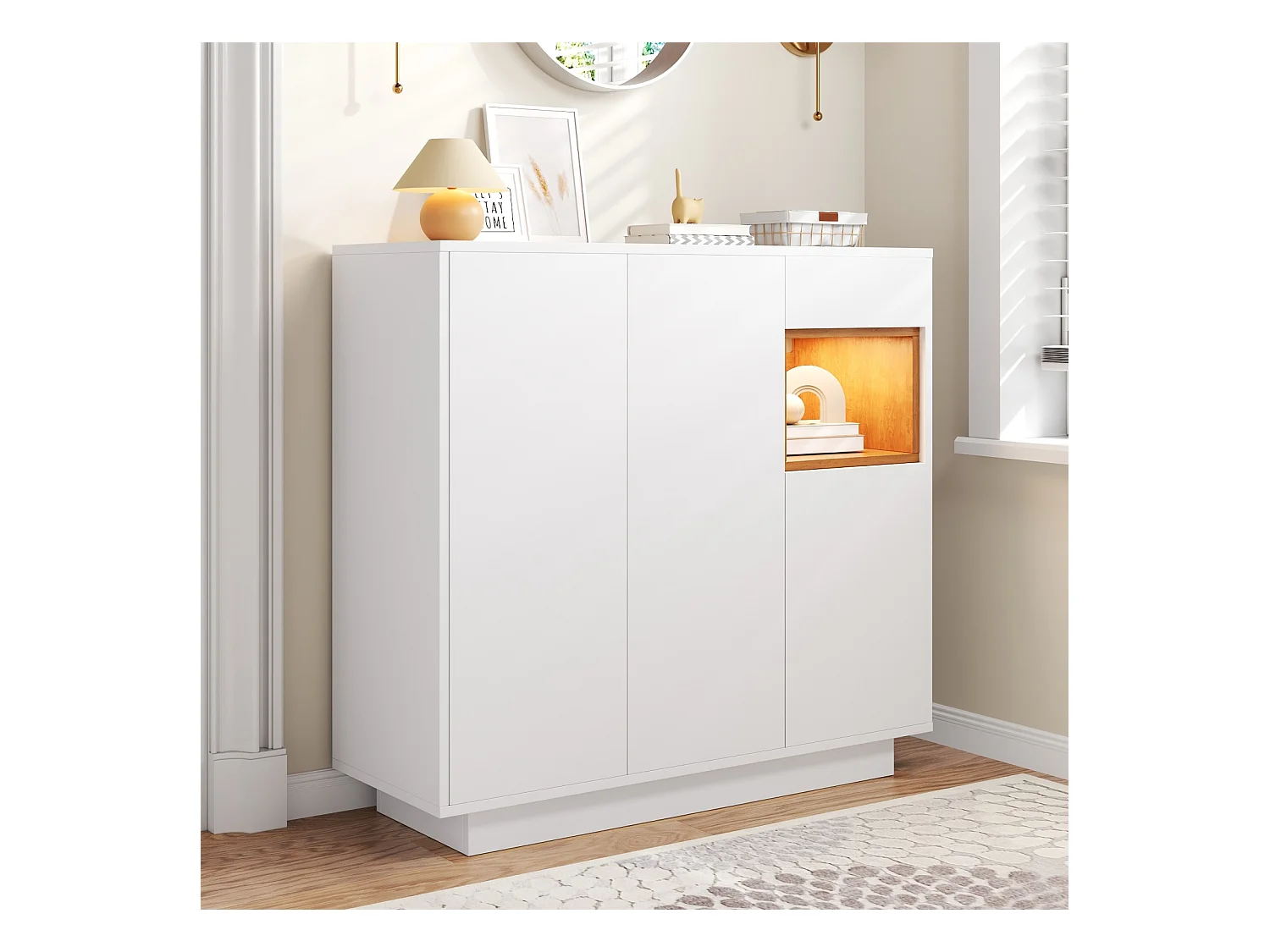 Sapateira com uma gaveta e prateleiras reguláveis, branca e madeira natural, para entrada, estilo moderno, capacidade de 14 a 18 pares de sapatos