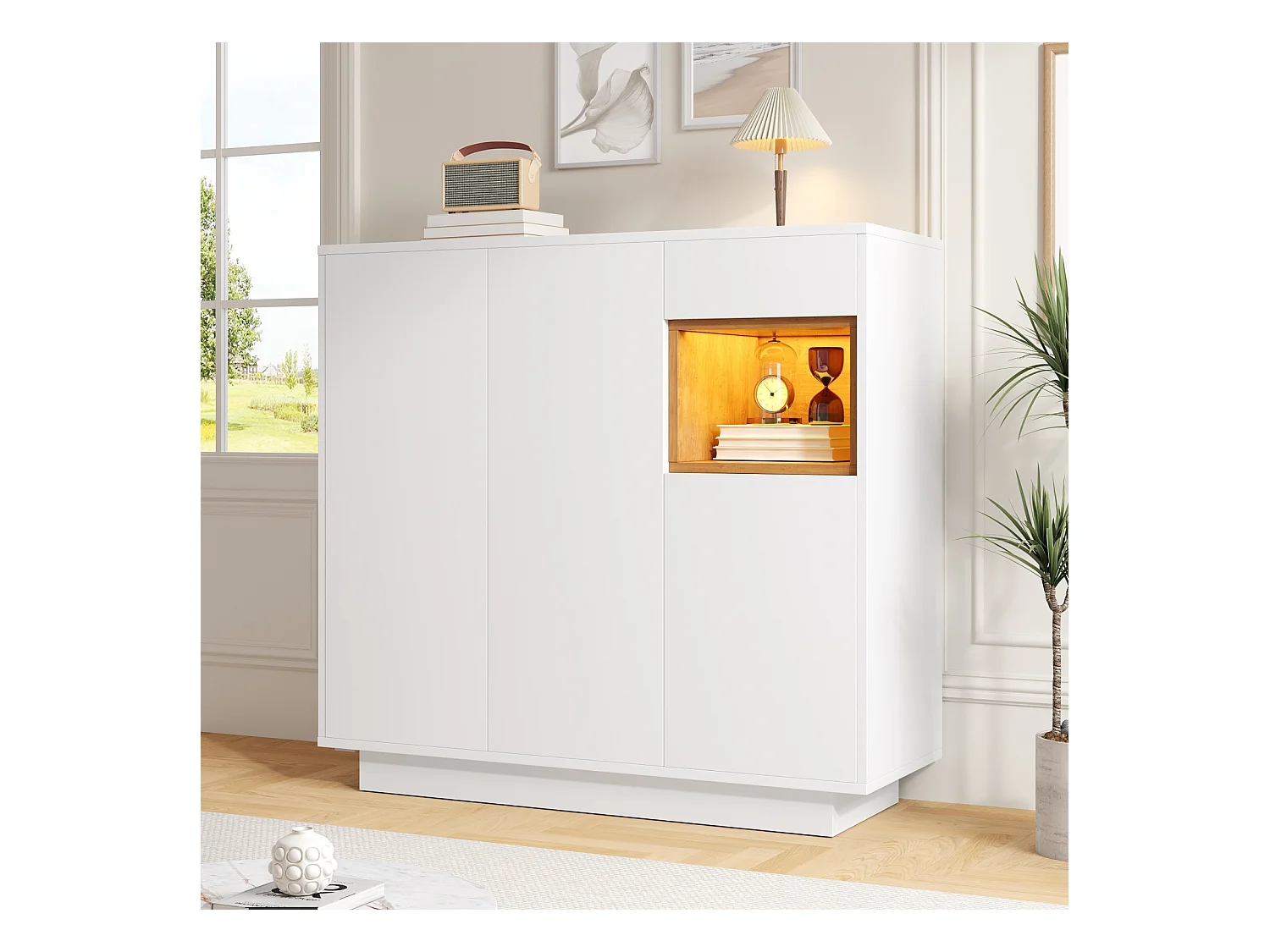 Sapateira com uma gaveta e prateleiras reguláveis, branca e madeira natural, para entrada, estilo moderno, capacidade de 14 a 18 pares de sapatos