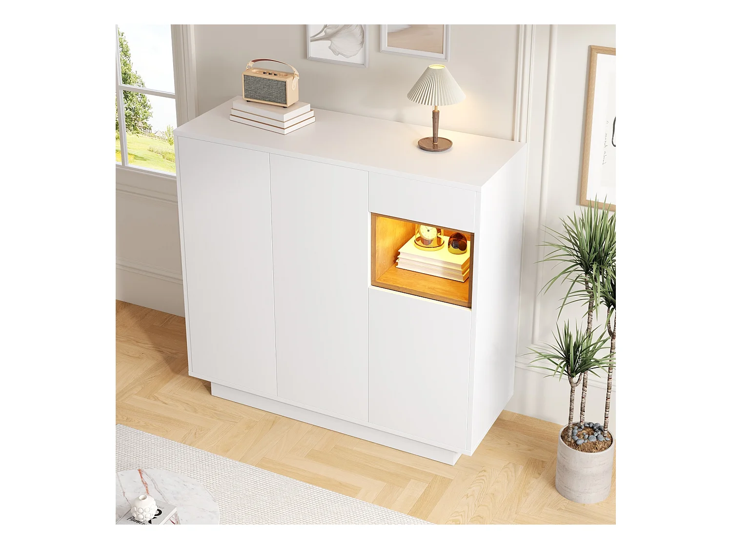 Meuble à chaussures à un tiroir et étagères réglables, blanc et bois naturel, pour l'entrée，Style moderne，capacité 14 à 18 paires de chaussures
