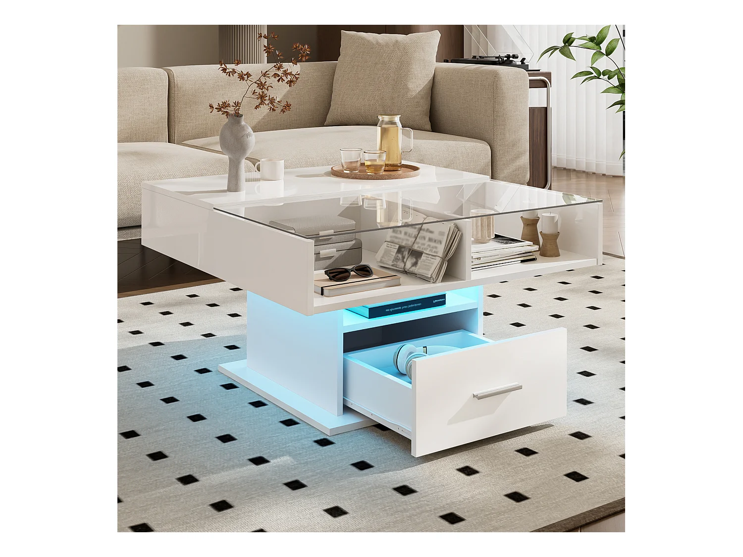 Mesa de centro elevable con almacenaje, acabado brillante y LED, altura regulable, mueble de salón moderno multifuncional, ideal también para oficina, Blanco