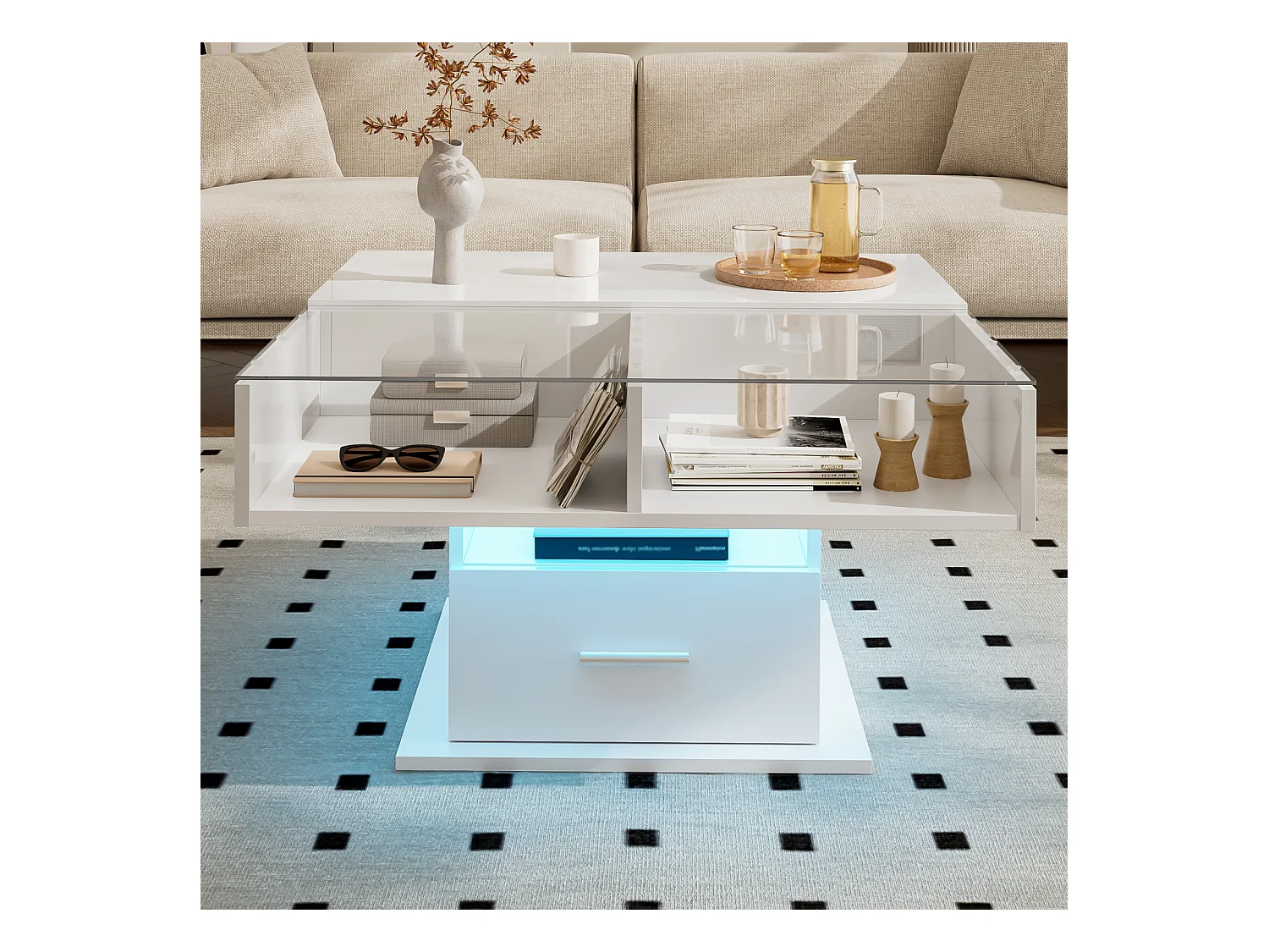 Mesa de centro elevable con almacenaje, acabado brillante y LED, altura regulable, mueble de salón moderno multifuncional, ideal también para oficina, Blanco