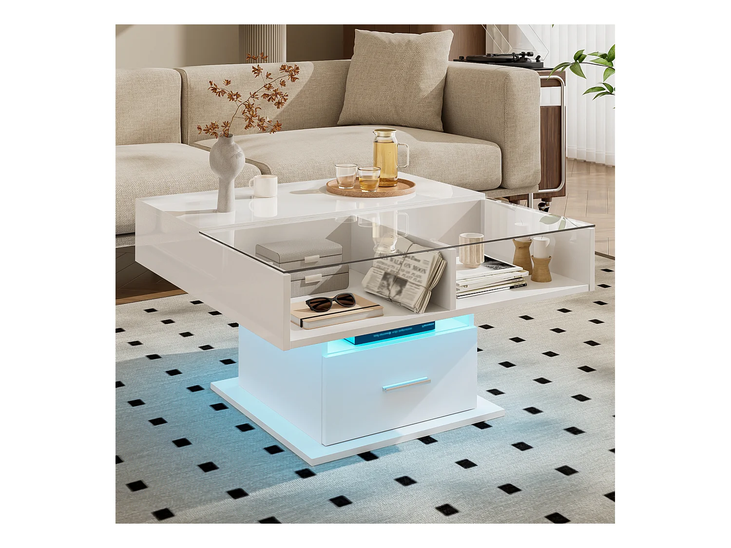 Mesa de centro elevable con almacenaje, acabado brillante y LED, altura regulable, mueble de salón moderno multifuncional, ideal también para oficina, Blanco