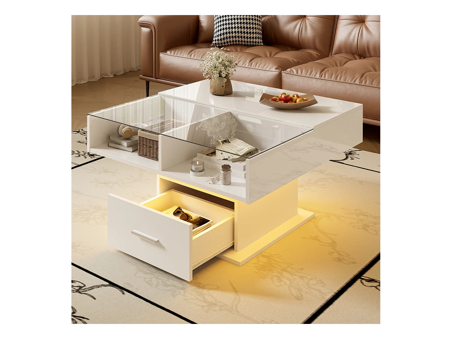 Mesa de centro elevable con almacenaje, acabado brillante y LED, altura regulable, mueble de salón moderno multifuncional, ideal también para oficina, Blanco
