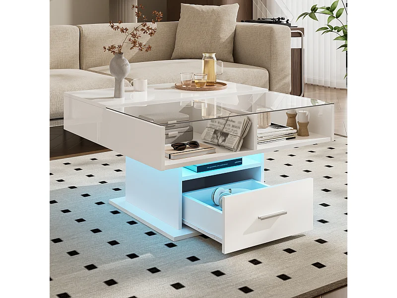 Table basse relevable avec rangement, finition brillante et LED, hauteur réglable, meuble de salon moderne multifonction idéal aussi pour bureau，Blanc