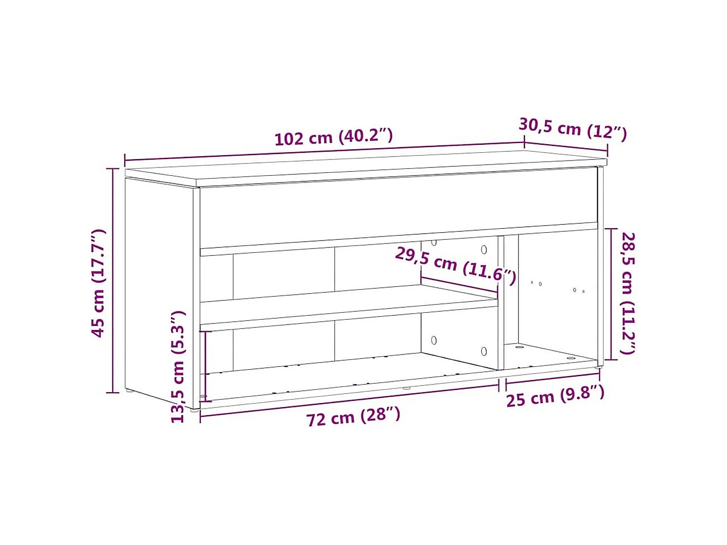 Banco zapatero Bruselas baúl + compartimentos abiertos roble claro 45x102x30,5 cm