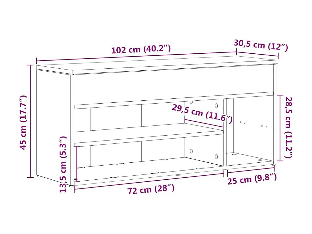 Banco zapatero Bruselas baúl + compartimentos abiertos roble claro 45x102x30,5 cm