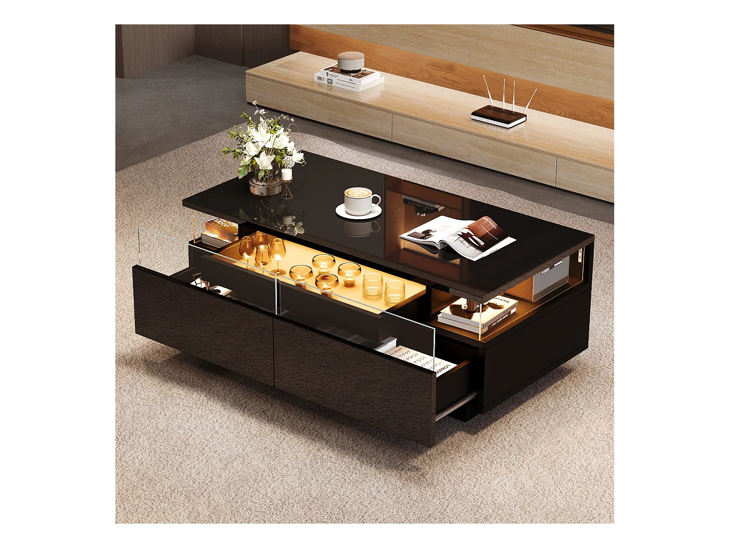 Table basse noire avec 2 tiroirs, éclairage LED et plateau amovible 90x45x35,5cm