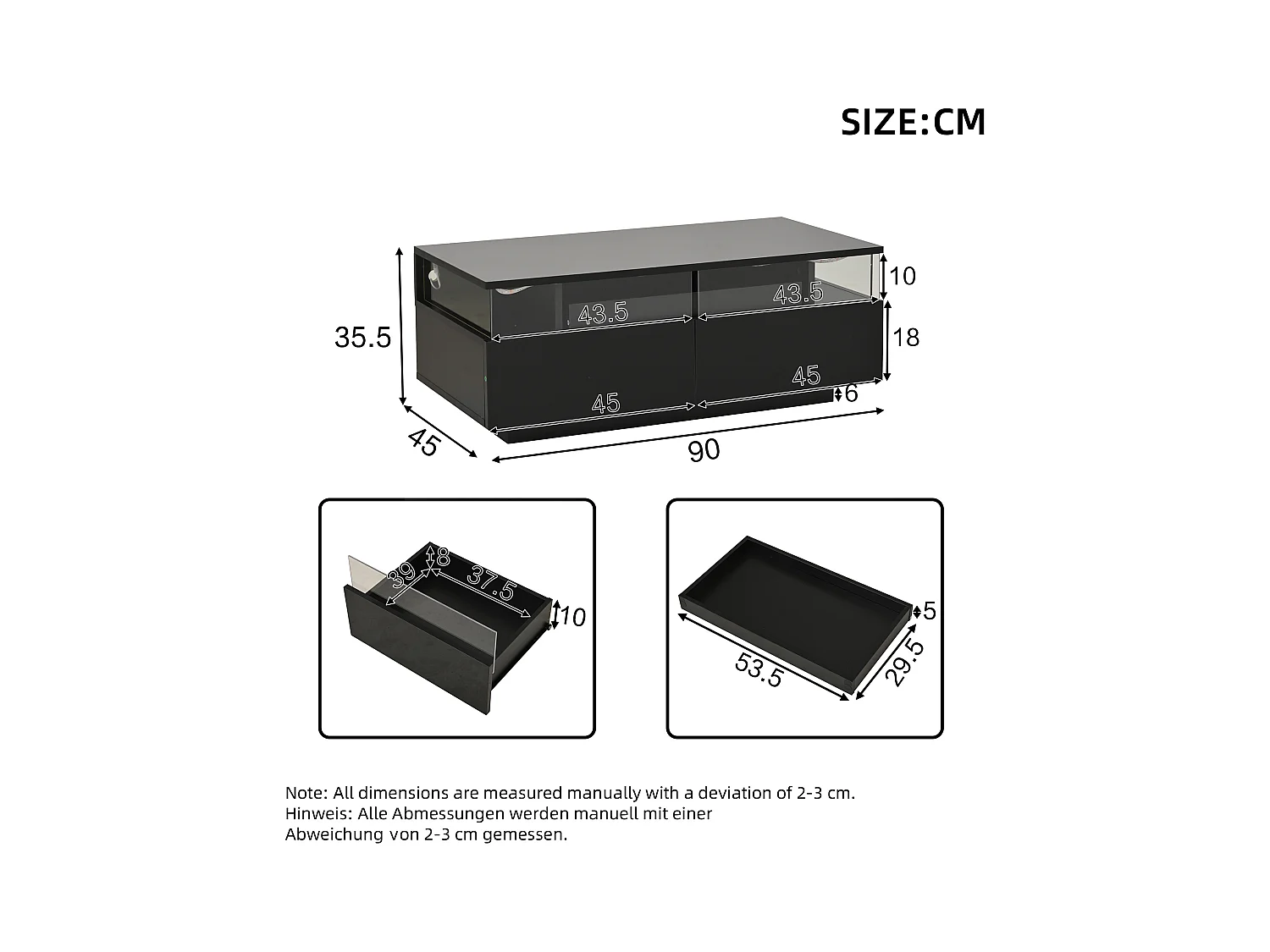 Table basse noire avec 2 tiroirs, éclairage LED et plateau amovible 90x45x35,5cm