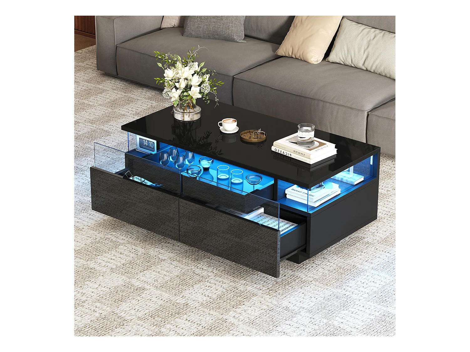 Table basse noire avec 2 tiroirs, éclairage LED et plateau amovible 90x45x35,5cm